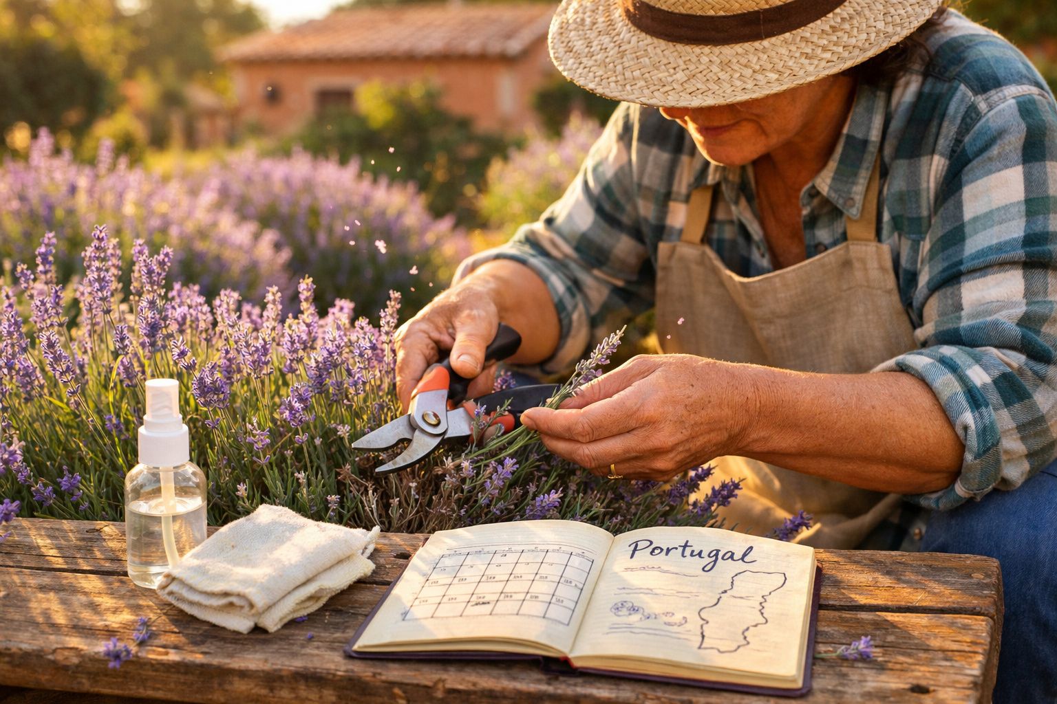 Pessoa a cortar flores de lavanda num campo, com caderno aberto onde está escrito Portugal.