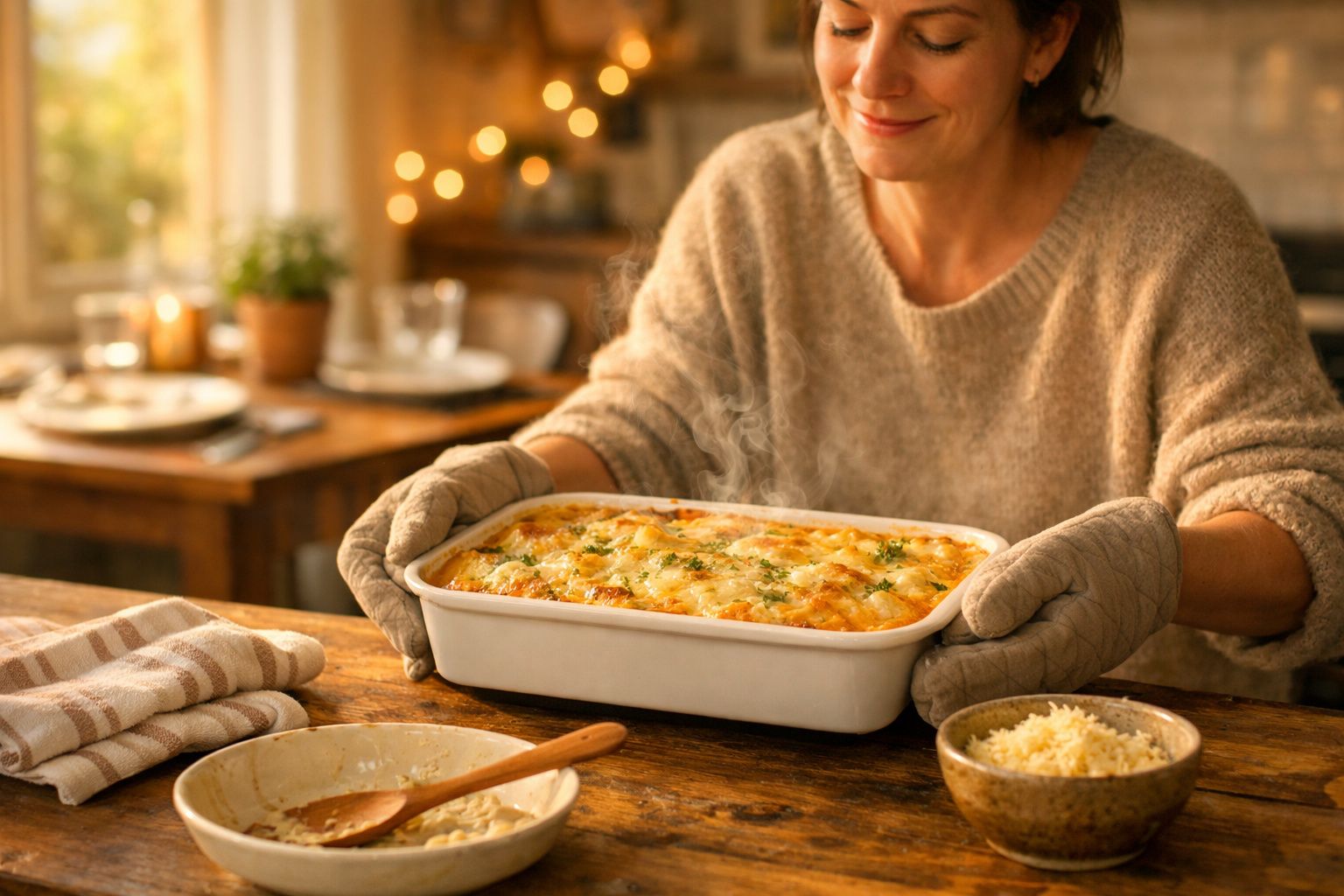 Mulher a retirar lasanha fumegante do forno numa travessa branca, na cozinha acolhedora.