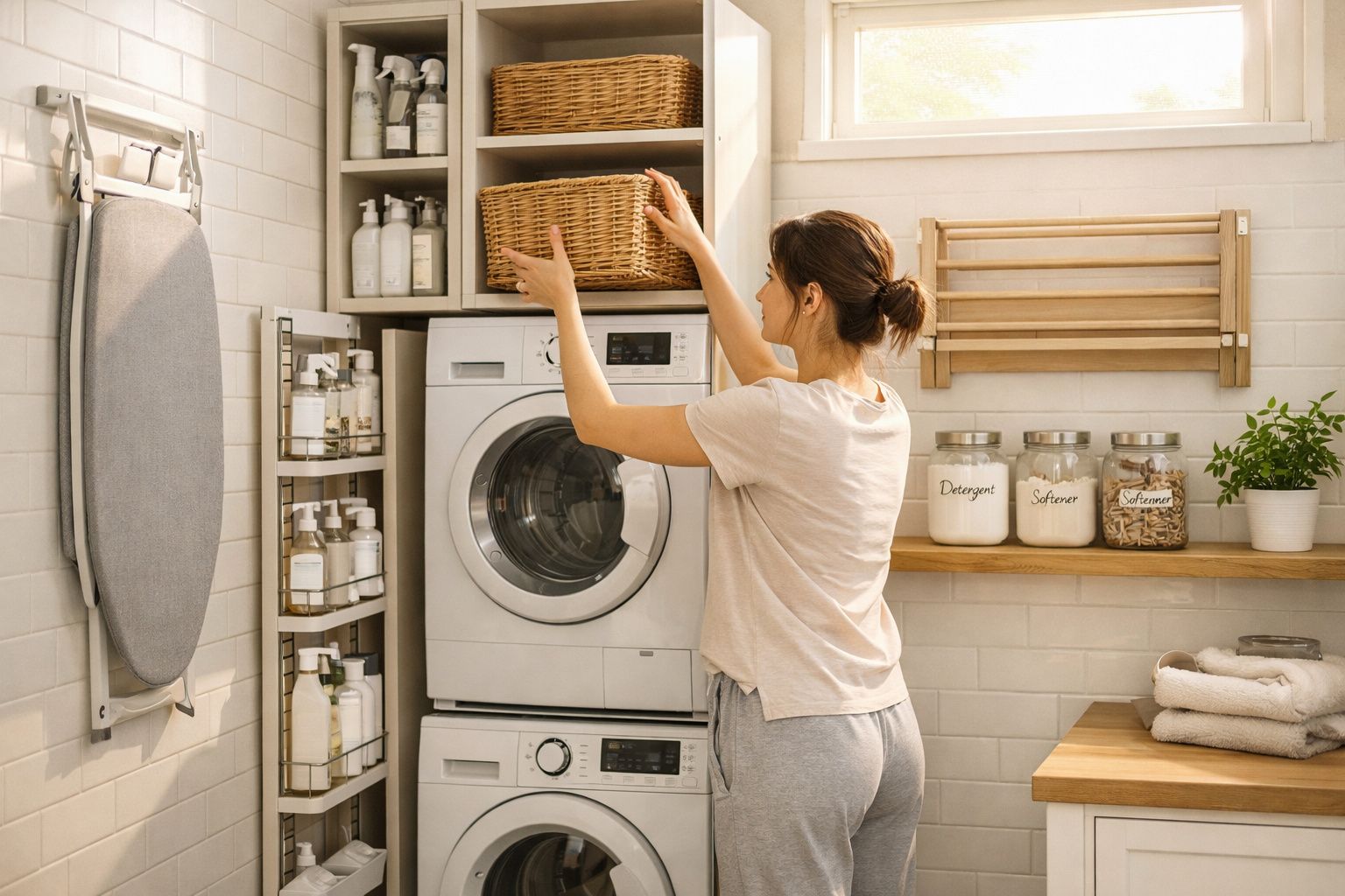 Mulher a arrumar cesta em prateleira numa lavandaria clara com máquina de lavar e secar roupa.