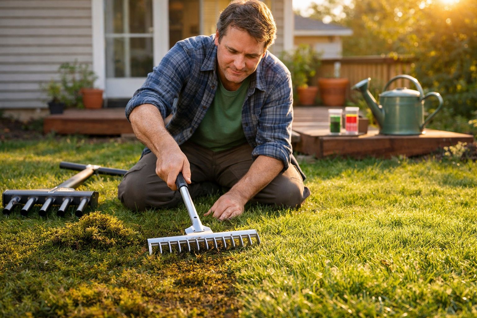 Homem a apanhar musgo do relvado com ancinho num jardim em frente a uma casa durante o dia.
