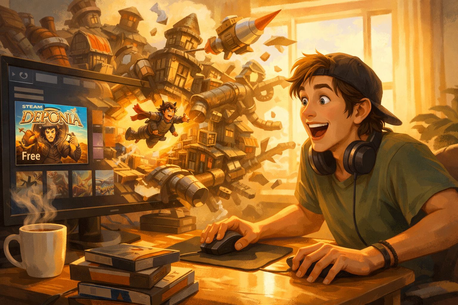 Jovem entusiasmado a jogar num computador, com homem animado a voar da tela num cenário steampunk.