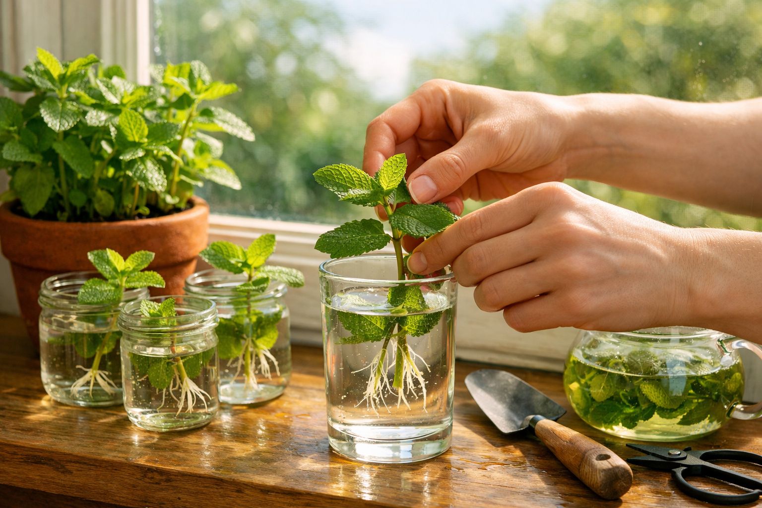 Mãos a colocar um ramo de hortelã com raízes em copo com água, várias plantas e jarro de chá na janela.