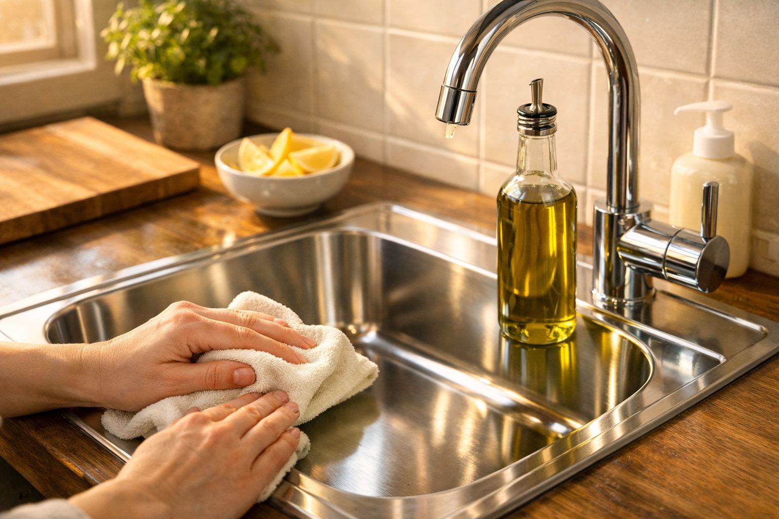 Mãos a limpar uma pia de cozinha em aço inoxidável com um pano, próximo a garrafa de azeite e limão.