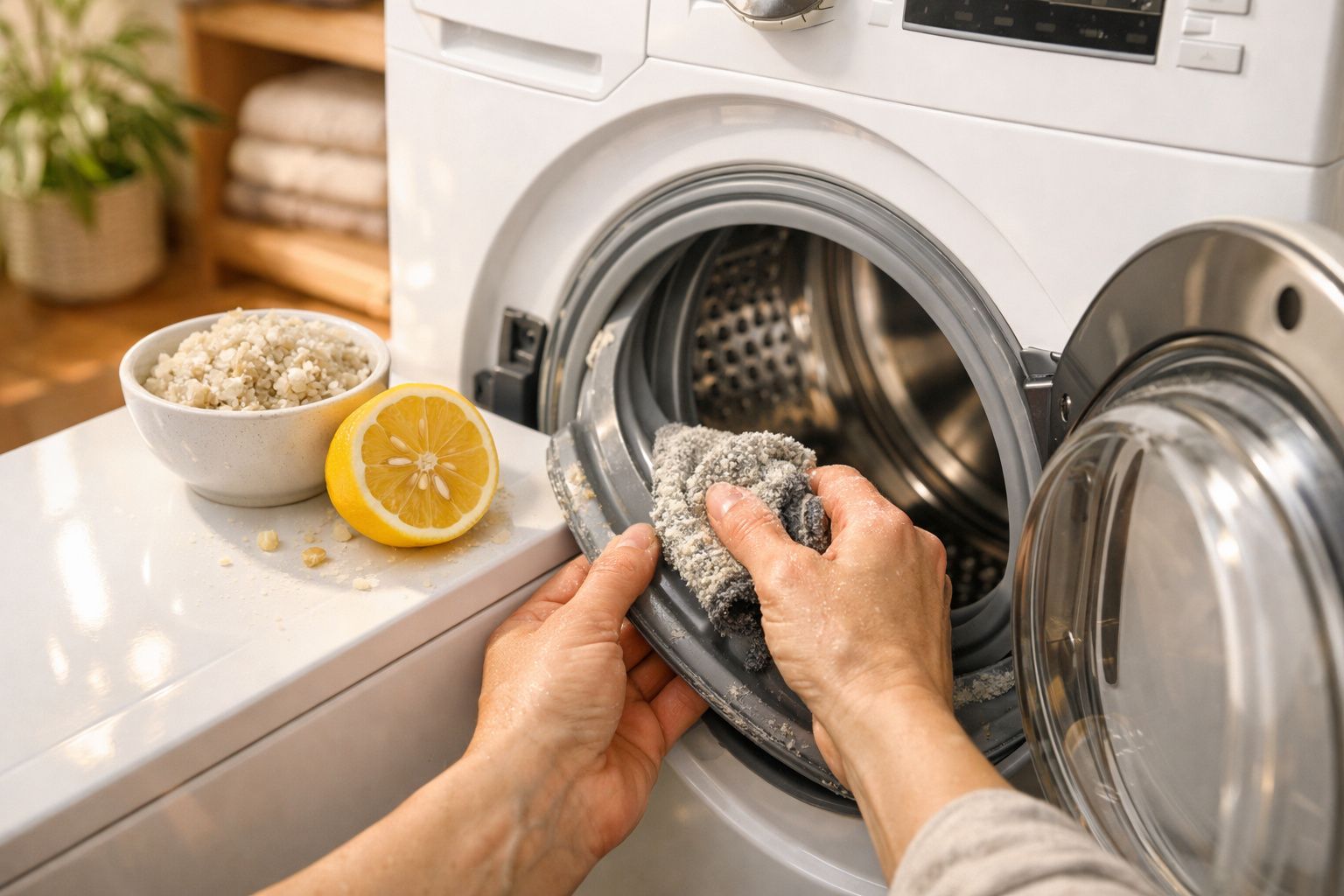 Mãos a limpar a porta de uma máquina de lavar roupa com uma esponja, limão cortado e caldo caseiro ao lado.