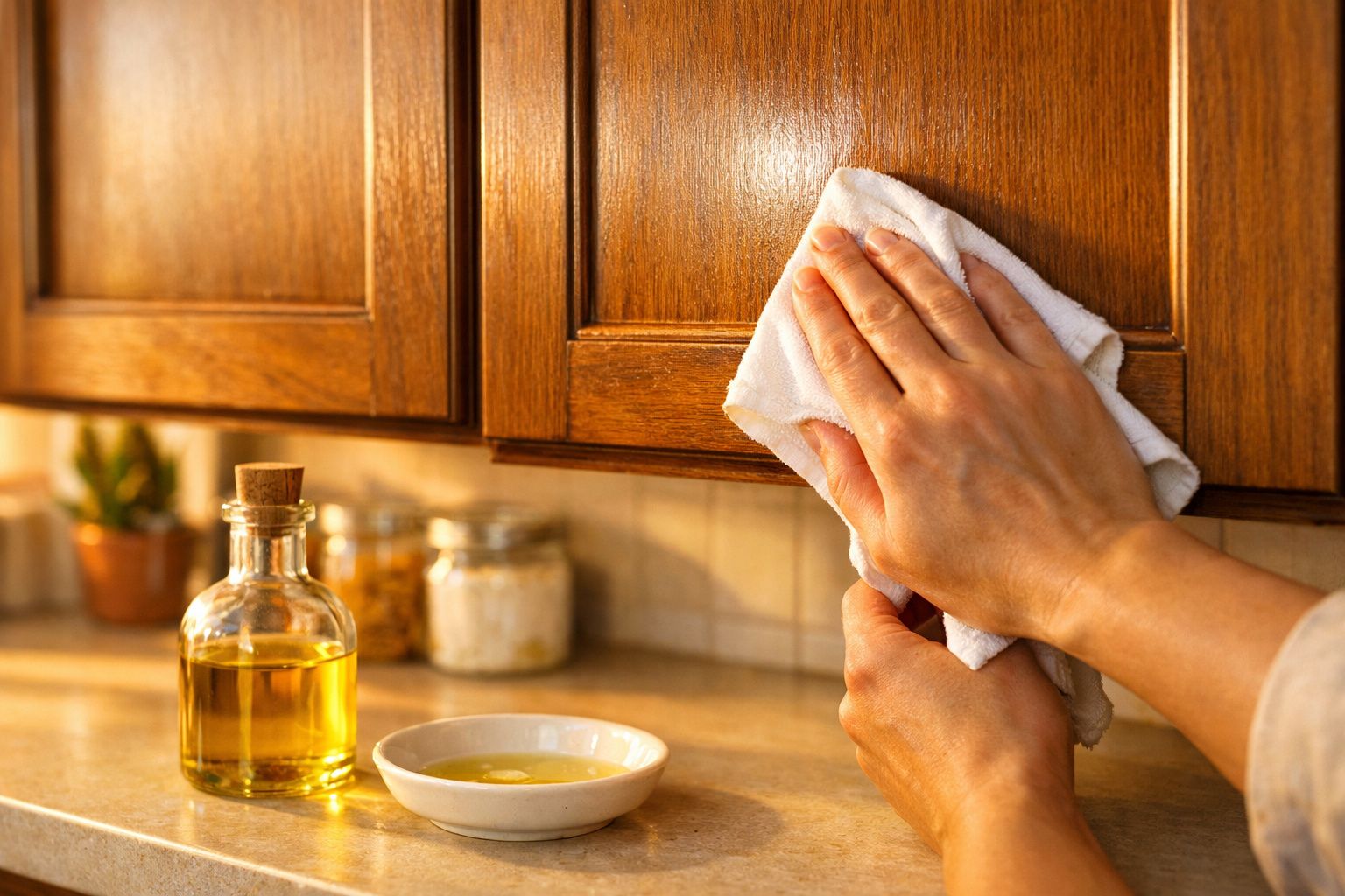 Mãos a limpar armário de cozinha em madeira com um pano branco, com óleo e recipientes no balcão.