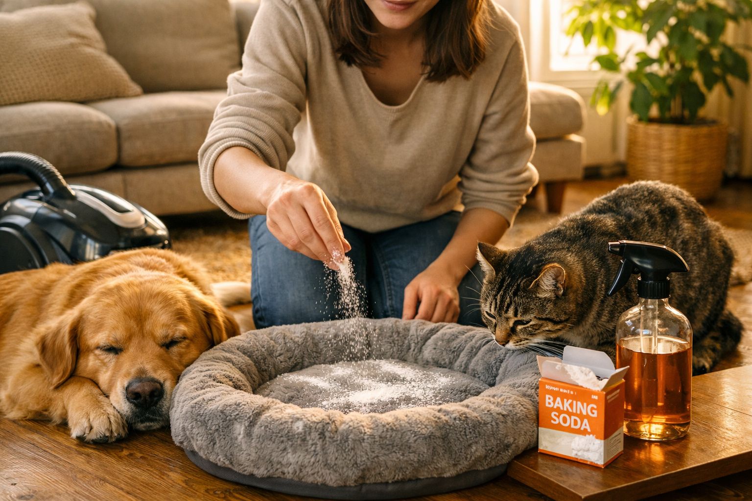 Pessoa a polvilhar bicarbonato de sódio numa cama para animais, com cão a dormir e gato a observar no chão.