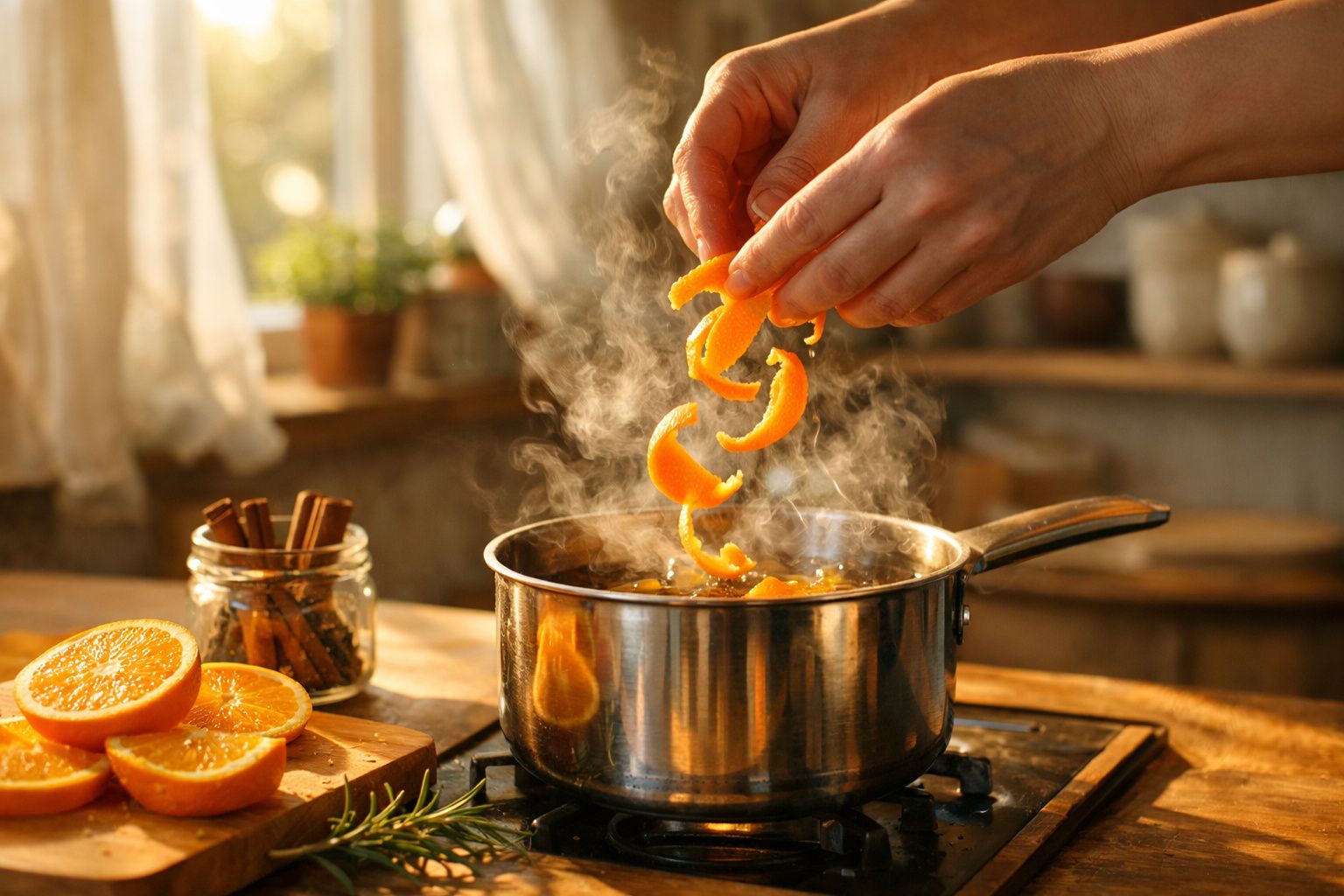 Mãos a acrescentar cascas de laranja fumegantes numa panela metálica sobre o fogão numa cozinha ensolarada.