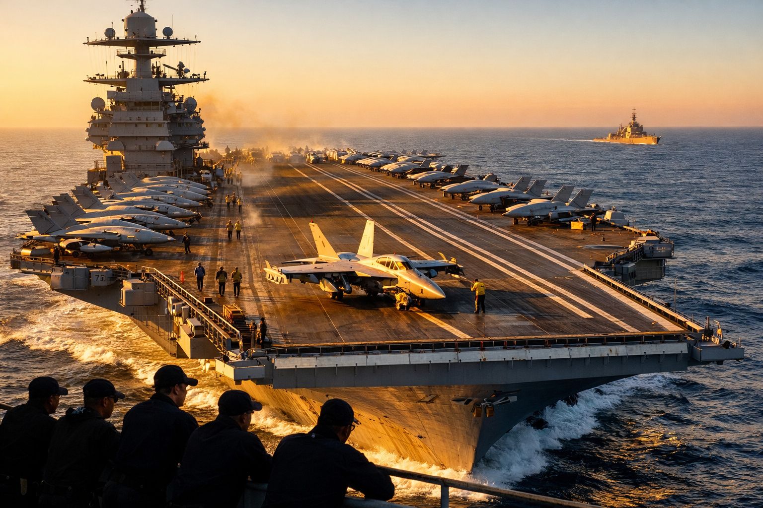 Porta-aviões no mar ao pôr do sol com vários caças estacionados e tripulantes a bordo.