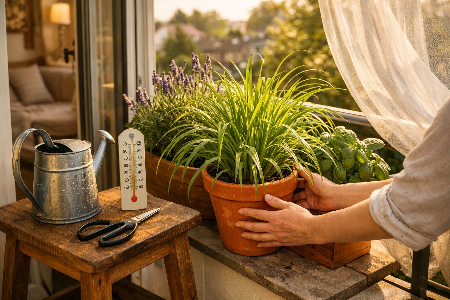 Mãos a cuidar de plantas em vasos numa janela ensolarada com regador, tesoura e termómetro num banco de madeira.