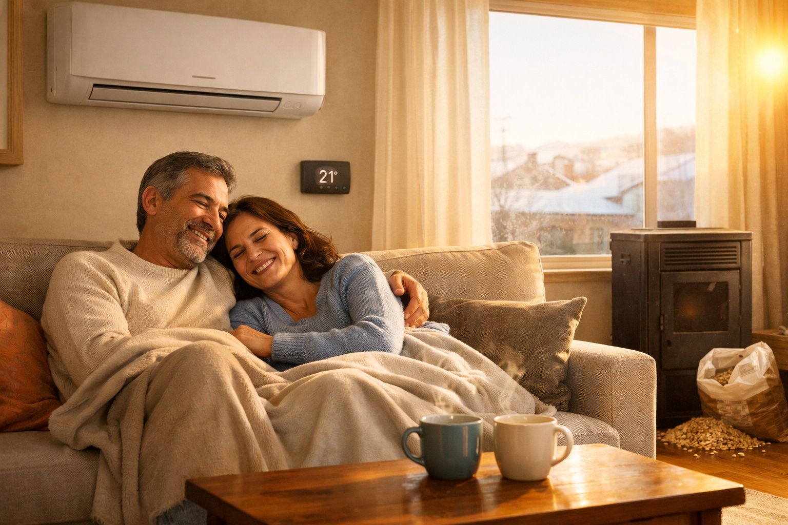 Casal abraçado no sofá com manta, junto a lareira, iluminados por luz natural quente de janela.