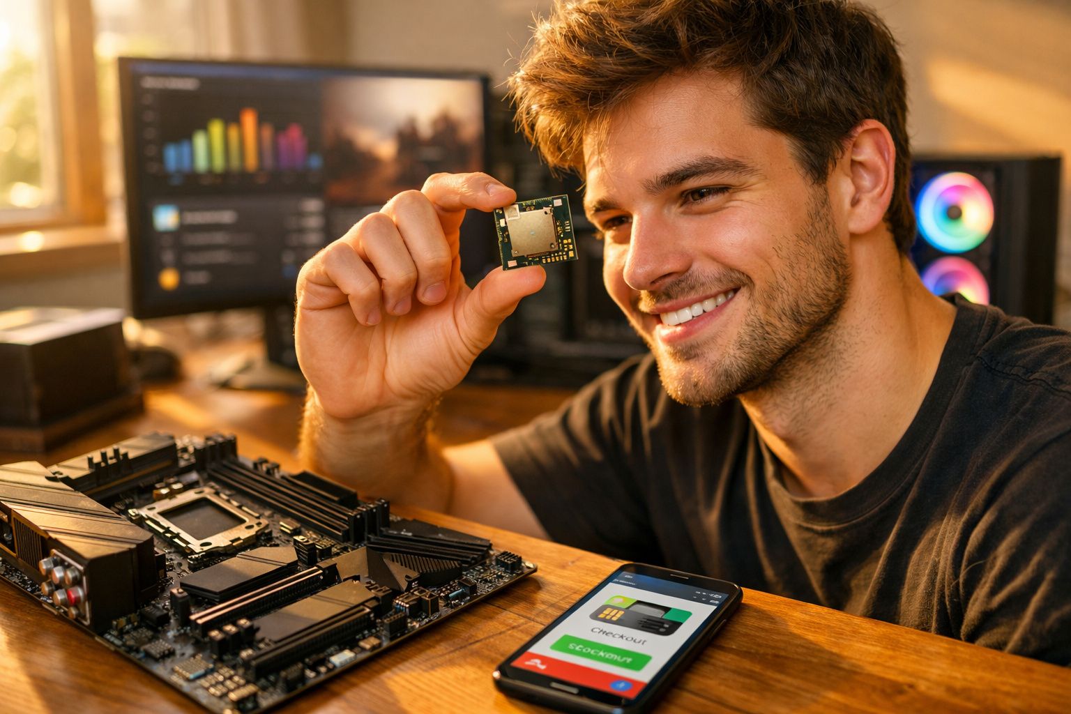 Homem sorridente segurando um processador junto a uma motherboard numa mesa com computador e telemóvel.