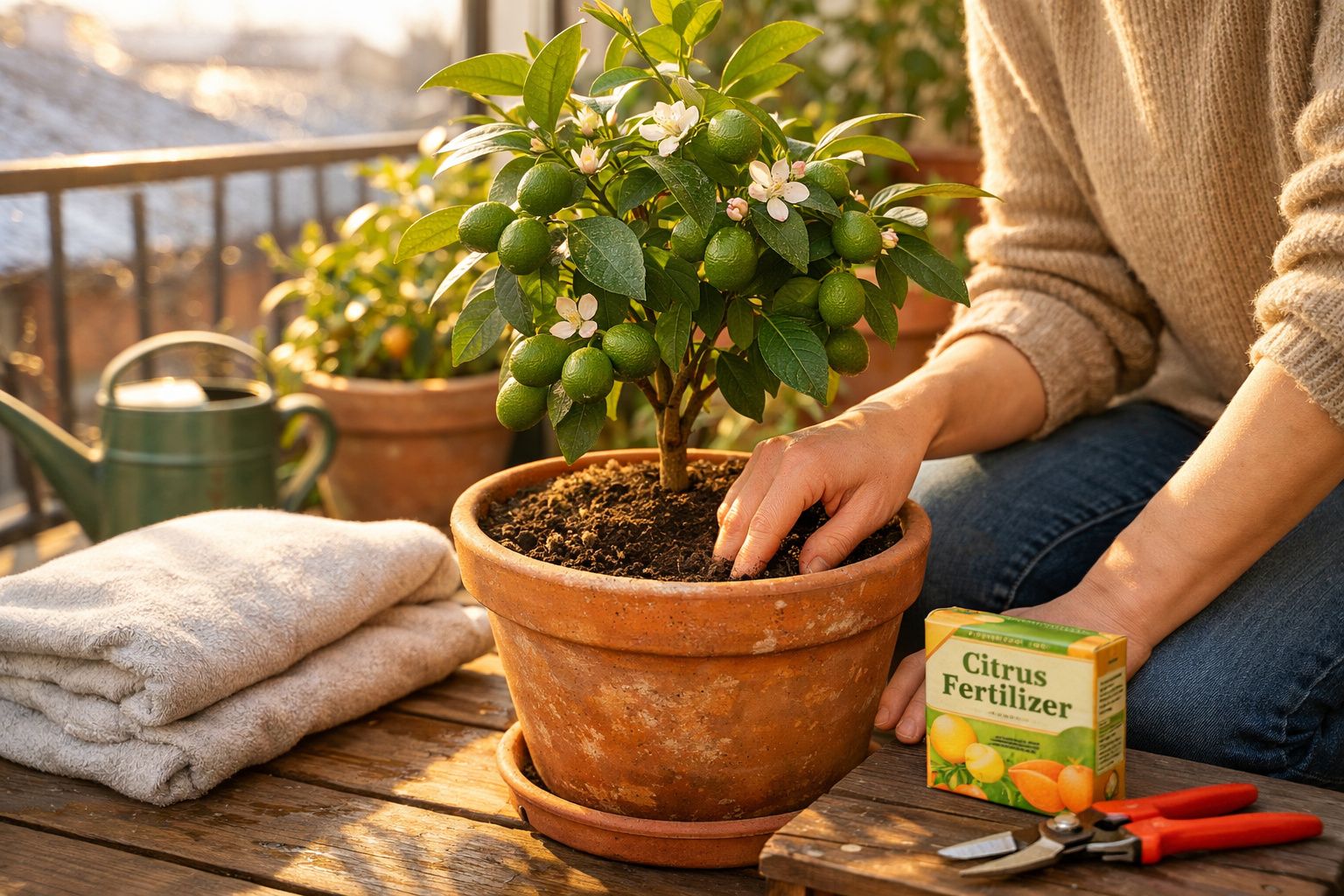 Pessoa a cuidar de árvore de citrinos num vaso com fertilizante, regador e toalha num terraço ensolarado.