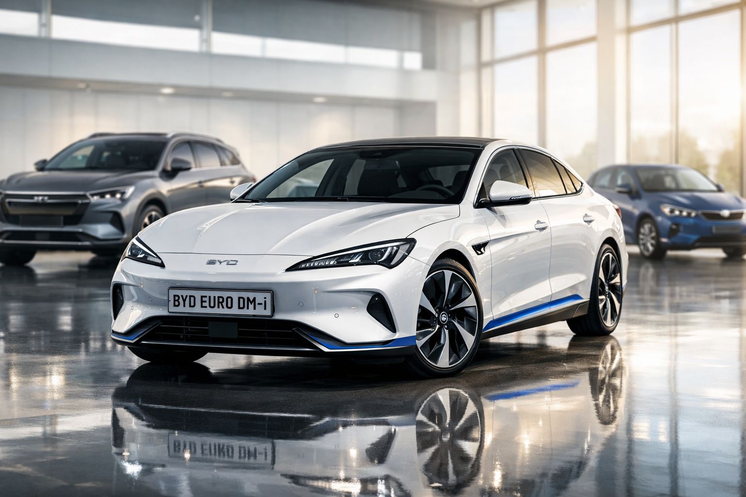 Carro elétrico branco BYD Euro DM-i estacionado em exposição, com reflexo no chão brilhante.