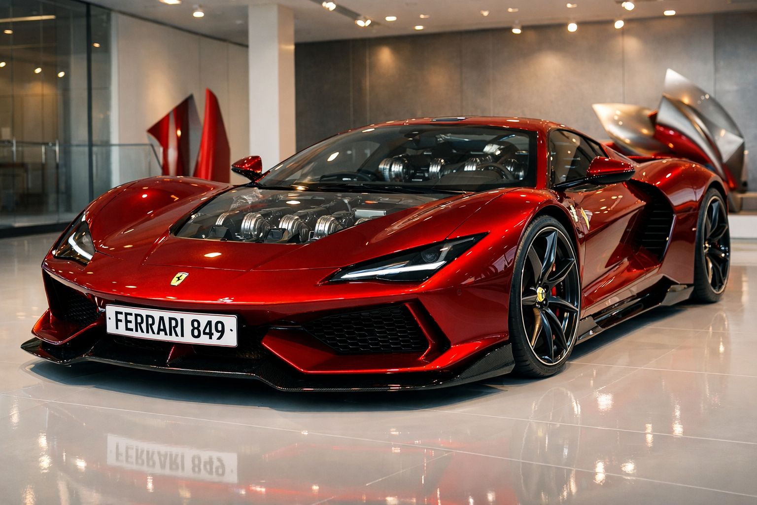 Carro desportivo Ferrari vermelho brilhante com motor visível e jantes pretas, estacionado num piso interior.