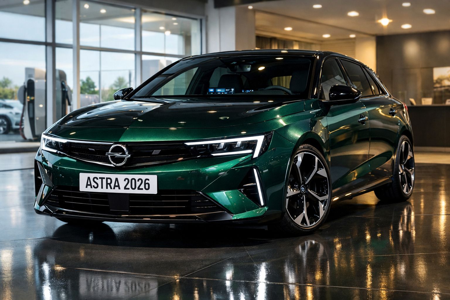 Automóvel Opel Astra 2026 verde escuro estacionado em ambiente interior moderno e iluminado.