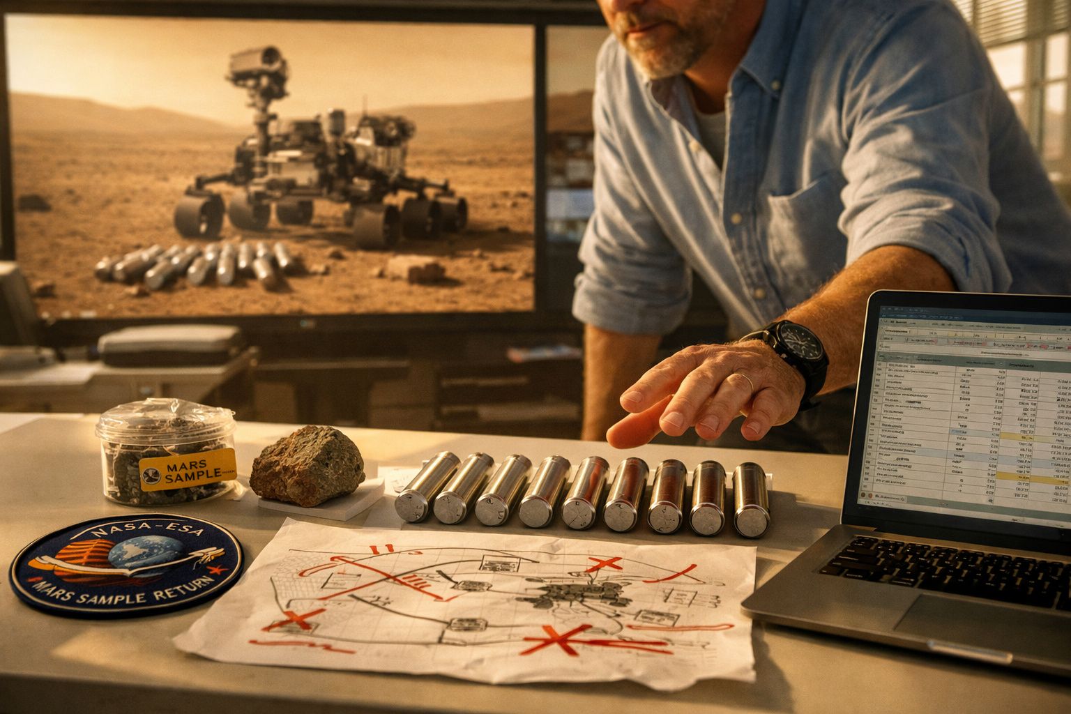 Homem analisa amostras de Marte e dados num computador com imagem de rover no ecrã ao fundo.