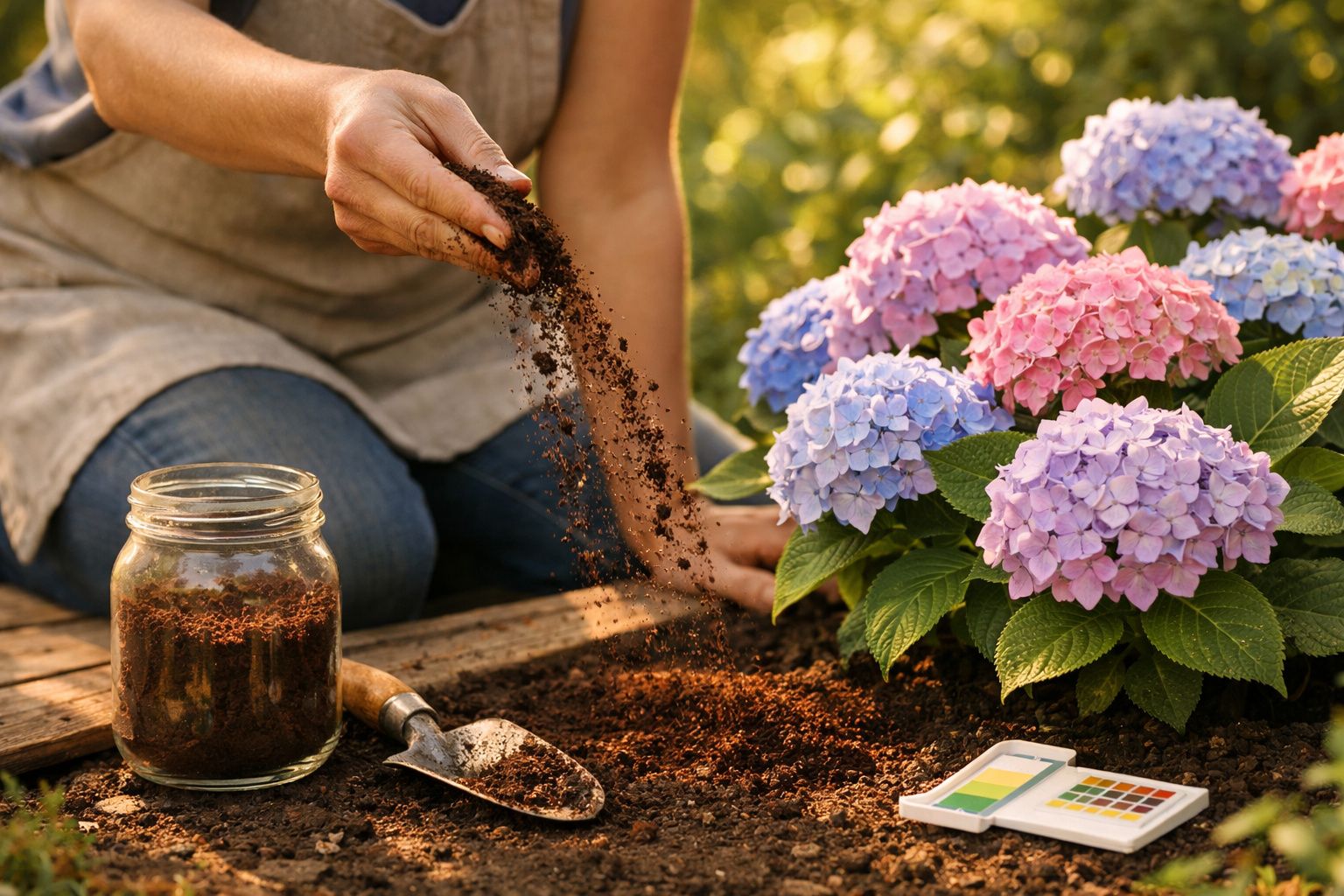 Pessoa a preparar terra para plantar junto a flores de hortênsia coloridas em ambiente de jardim.