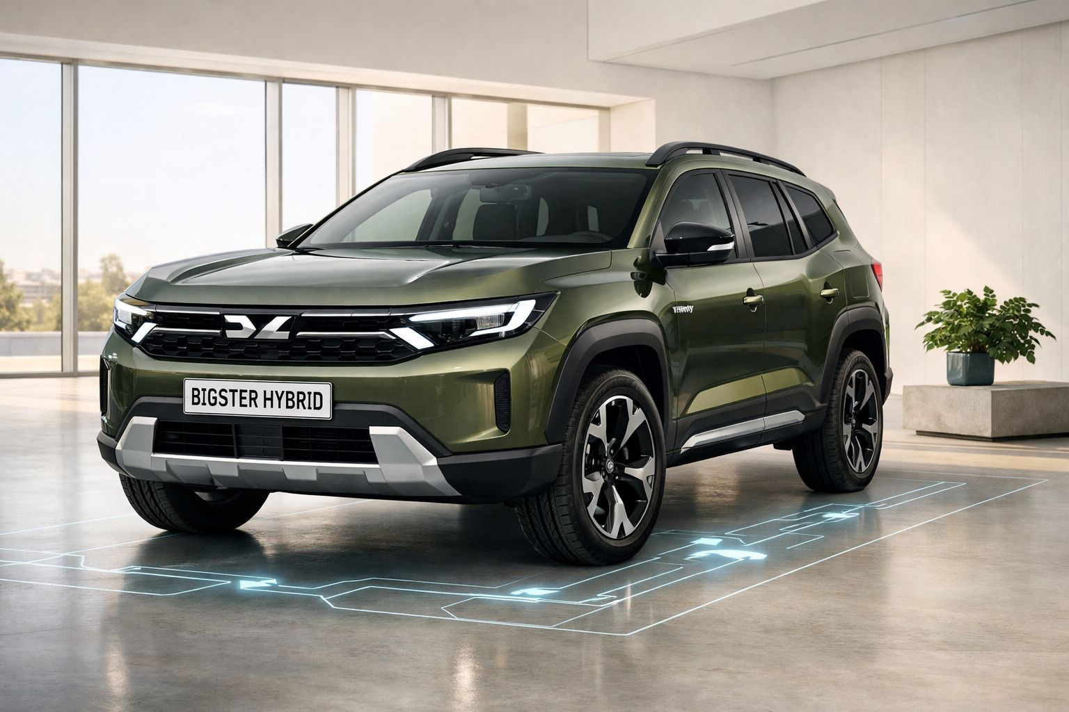 SUV verde metálico Bigster Hybrid estacionado em ambiente moderno com luz natural e planta decorativa.
