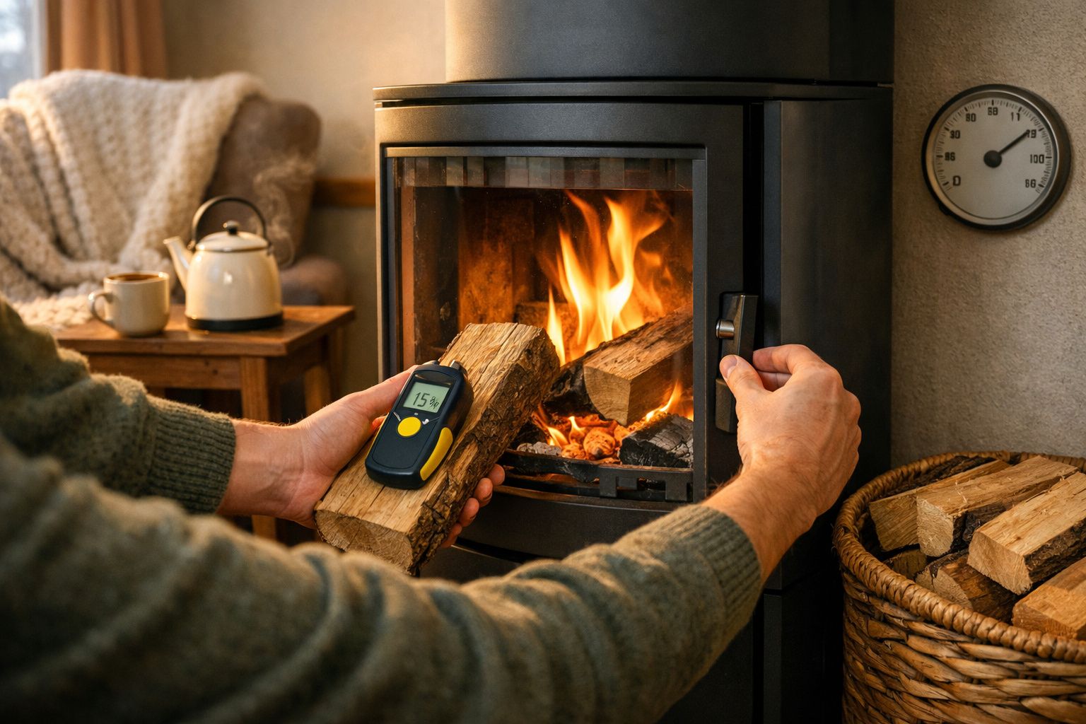 Pessoa a medir humidade da lenha perto de salamandra acesa num ambiente acolhedor.