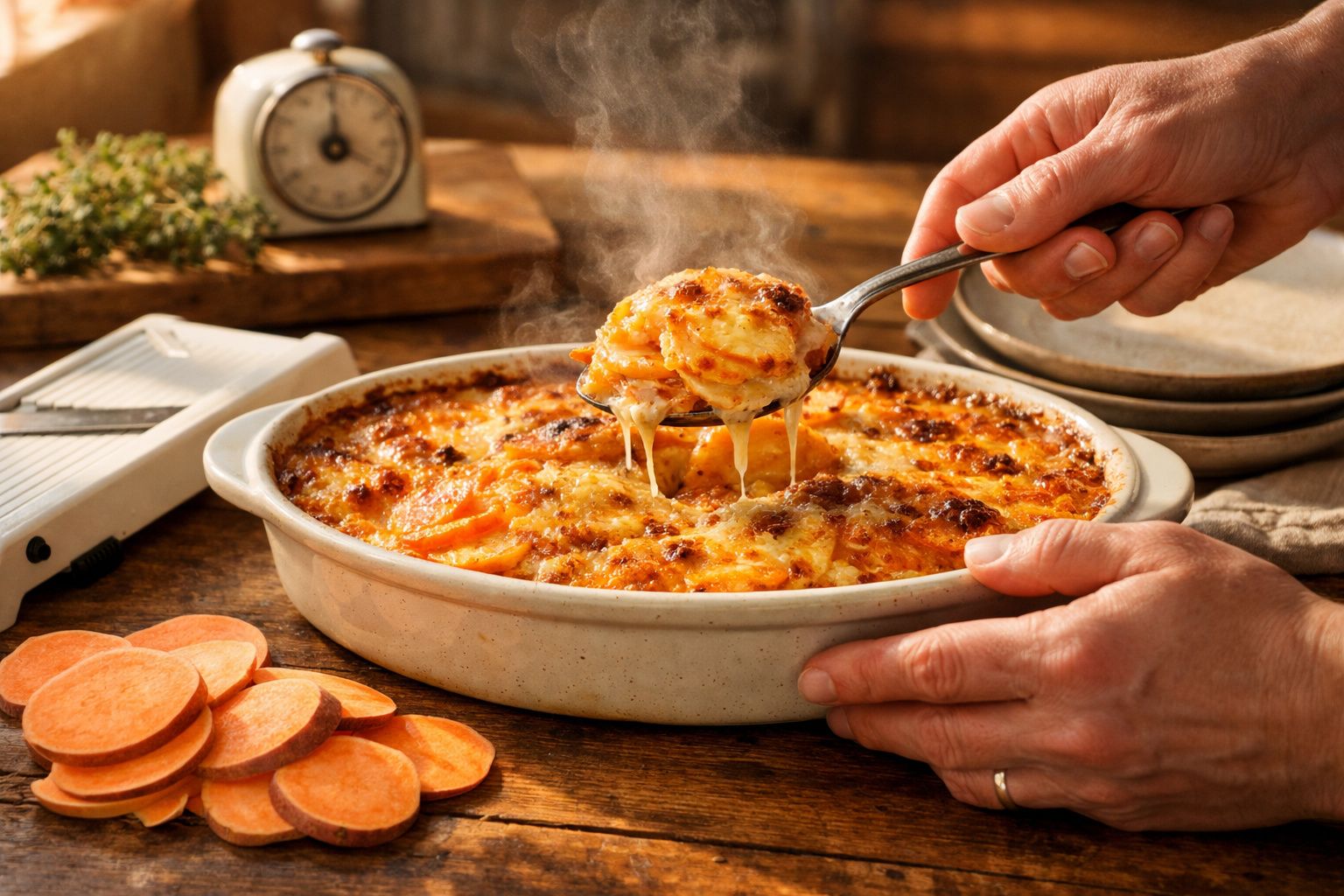 Tarte fresca de batata-doce gratinada com queijo derretido a ser servida com colher, em taça cerâmica.
