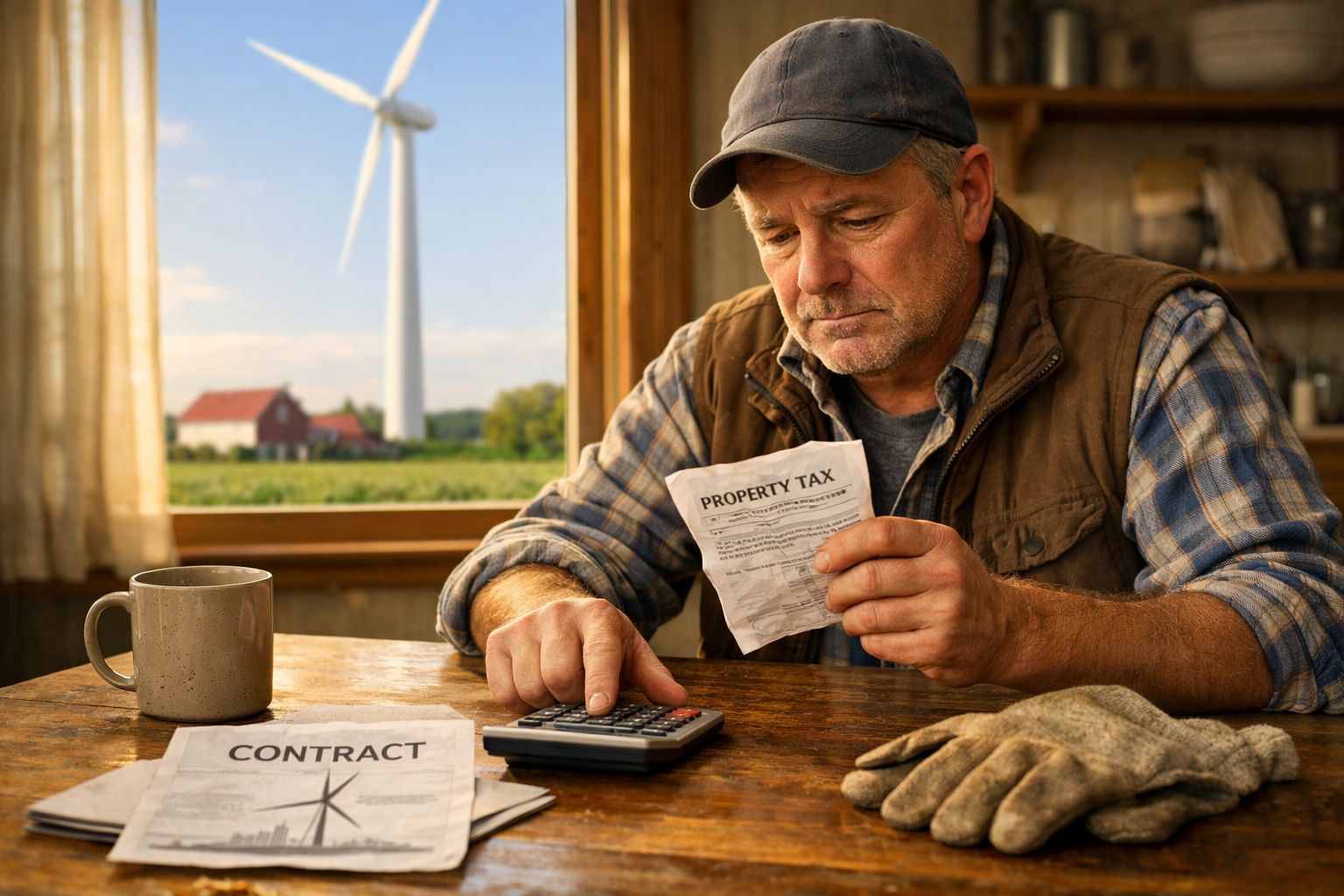 Homem sentado à mesa a calcular impostos da propriedade com moinho e campo ao fundo pela janela.