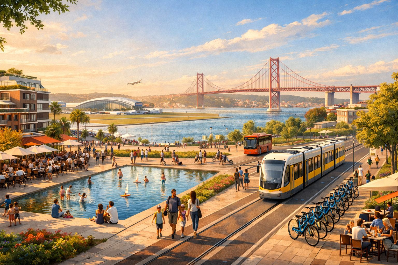 Vista urbana junto ao rio com pessoas, elétrico amarelo, bicicletas, piscina urbana e ponte vermelha ao fundo.