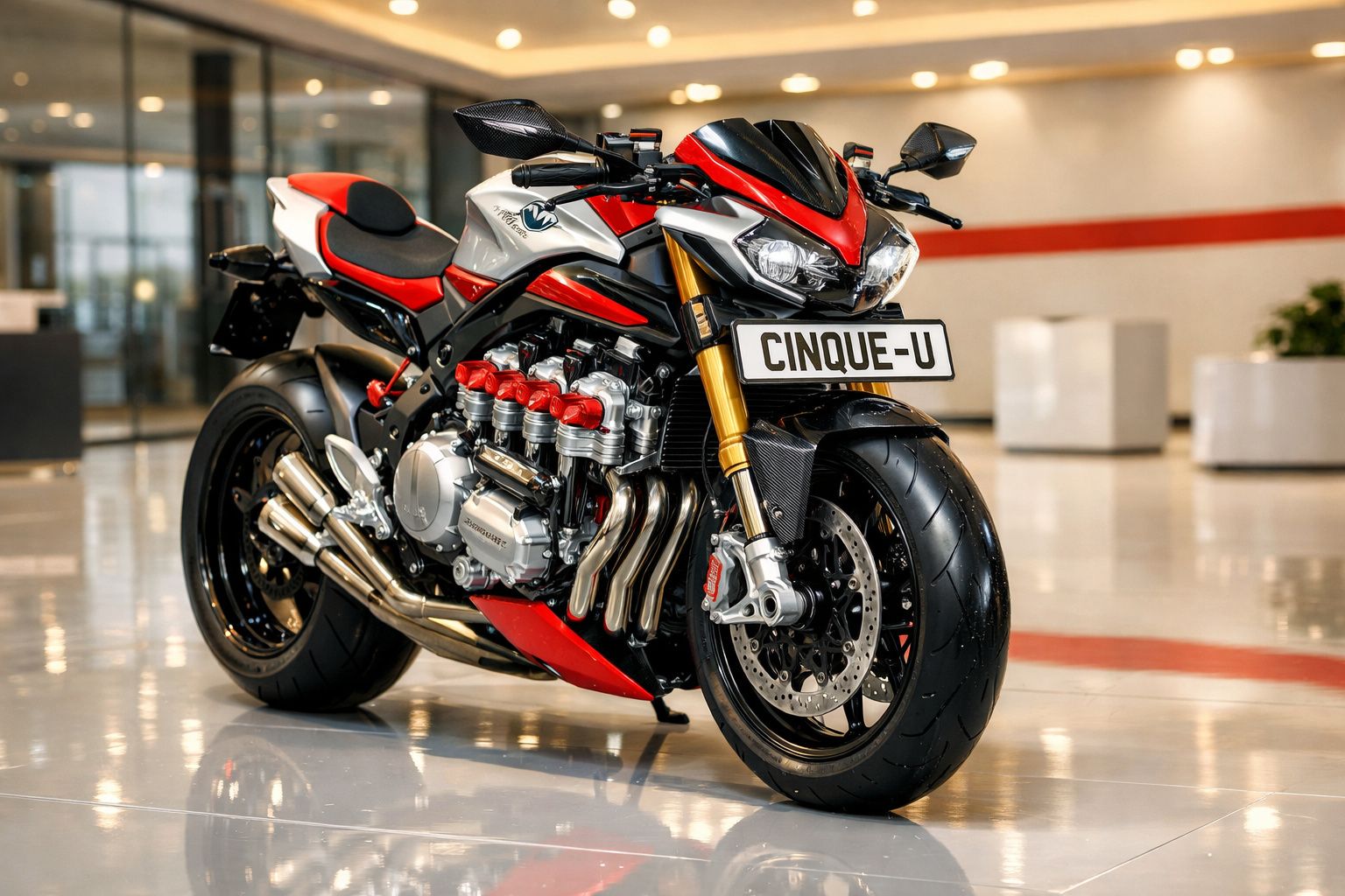 Motociclo desportivo vermelha e preta com detalhes metálicos em interior moderno e iluminado.
