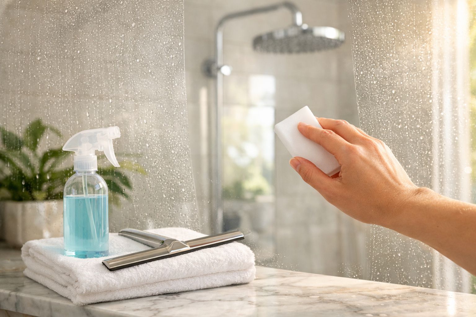 Mão a limpar vidro de casa de banho com esponja, ao lado de toalhas, pulverizador e limpador de janela.