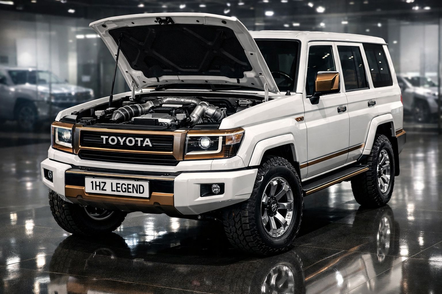 Automóvel Toyota 4x4 branco com capô aberto, motor visível, em pavimento refletor num interior.