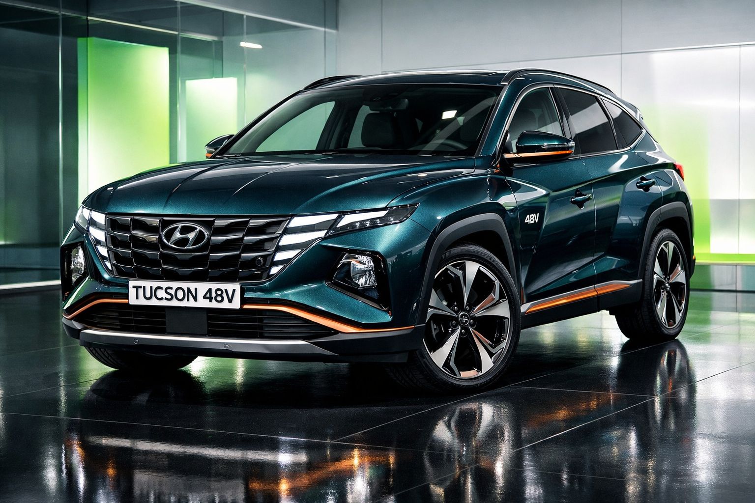 Automóvel Hyundai Tucson 48V verde escuro estacionado em interior moderno com luzes verdes.