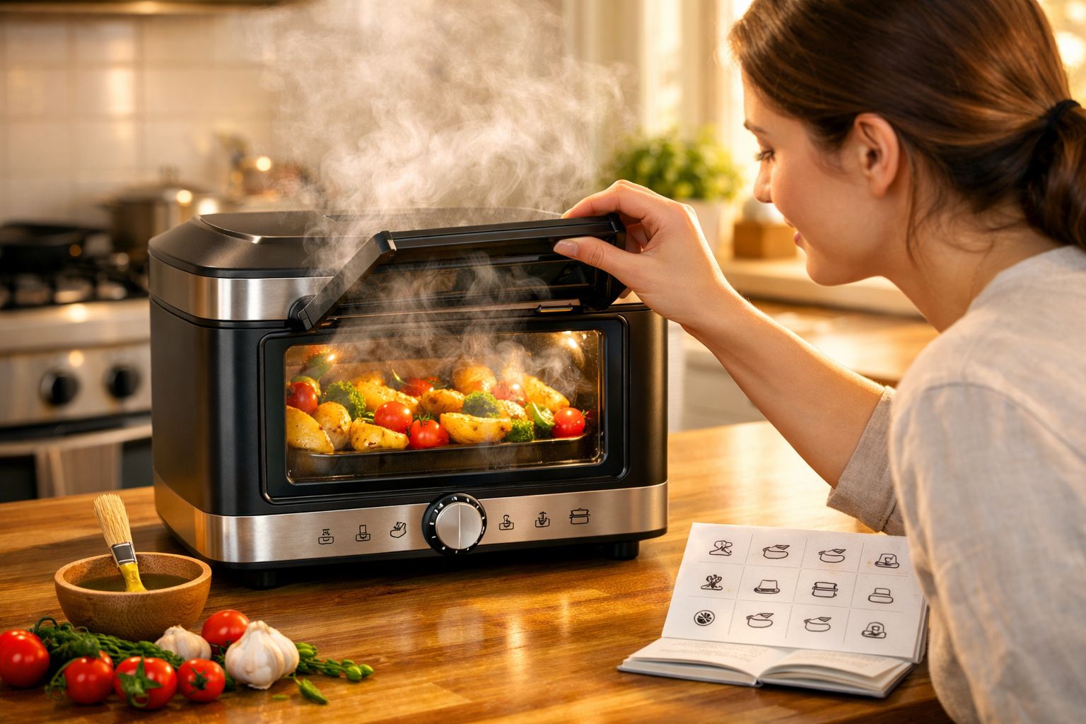 Pessoa a abrir mini-forno com legumes a cozinhar a vapor na cozinha moderna.