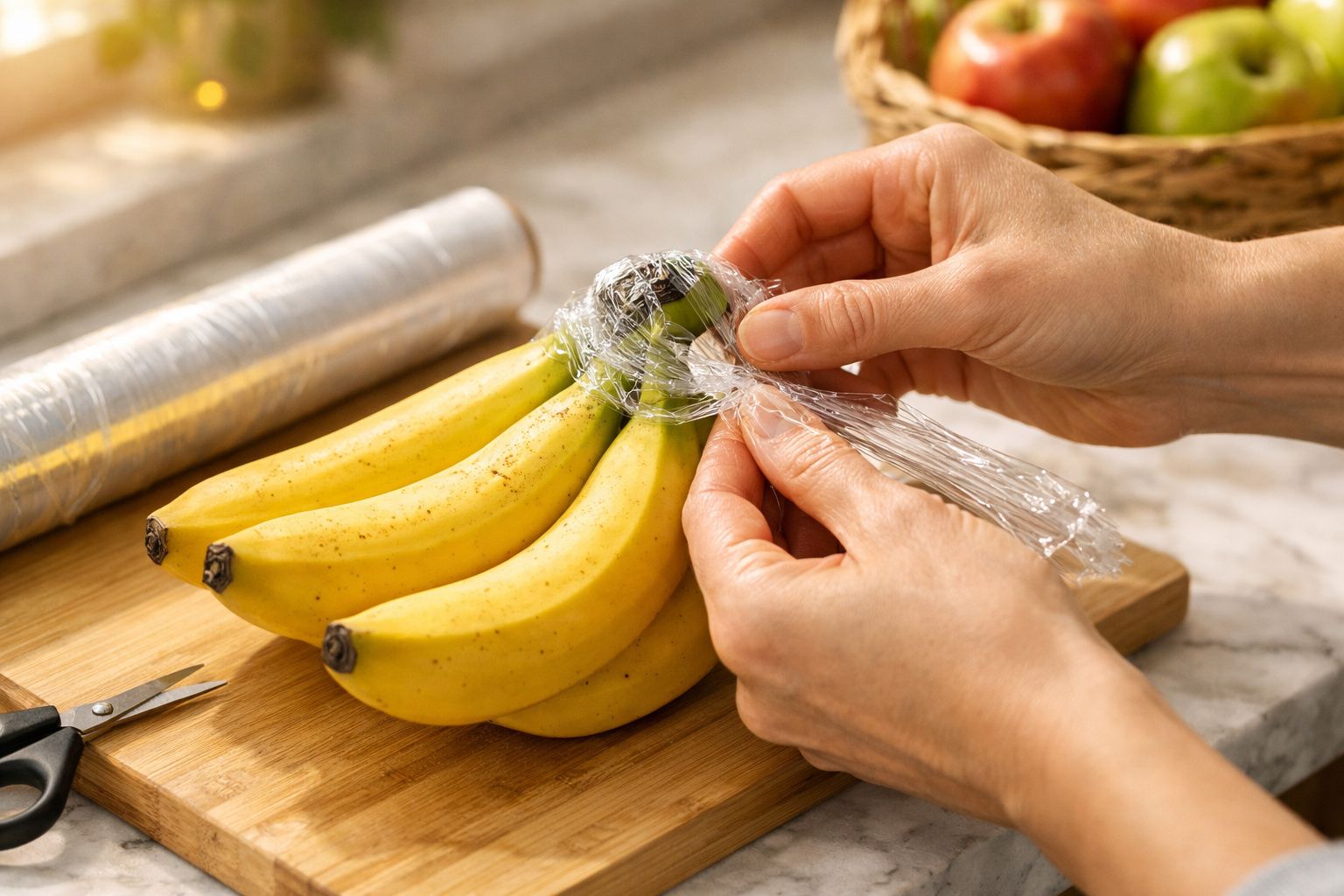 Mãos a embrulhar um cacho de bananas com película aderente numa bancada de cozinha.