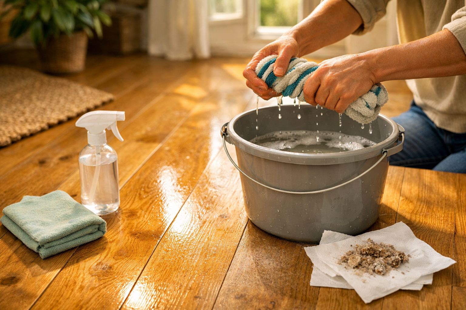 Mãos a torcer um pano molhado sobre um balde cinzento, spray e panos num chão de madeira.