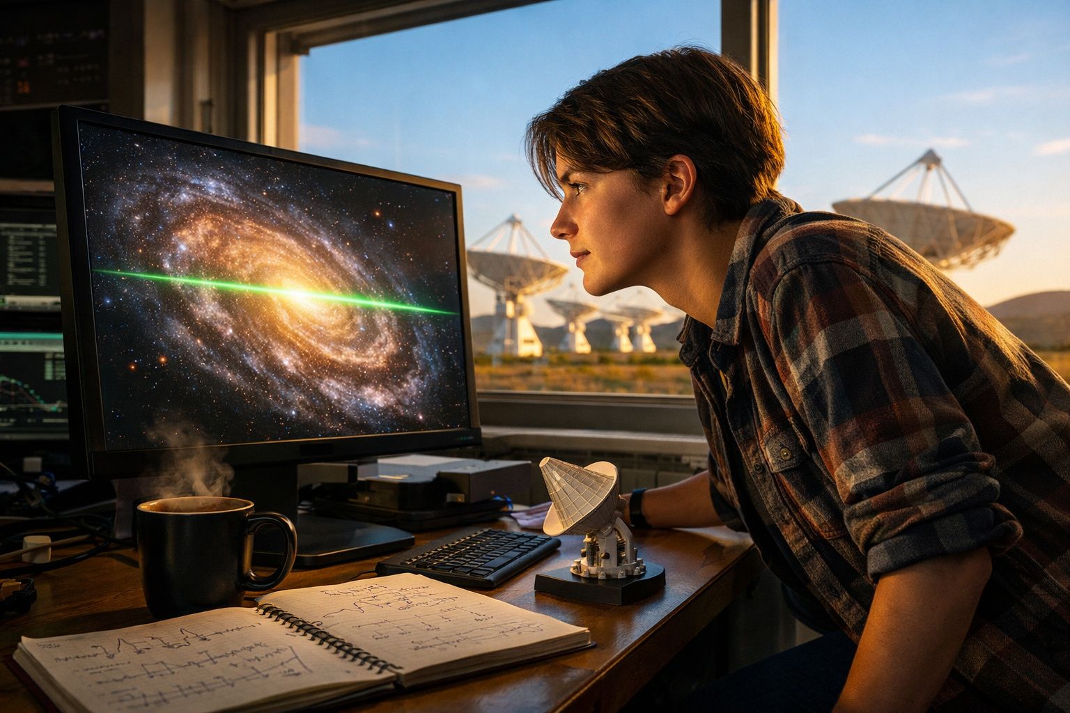 Pessoa a analisar imagens de galáxia e sinais espaciais num monitor, com telescópios de rádio no exterior ao pôr do sol.