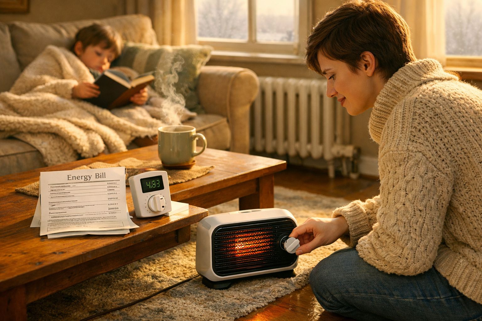 Mulher regula aquecedor elétrico no chão enquanto criança lê livro no sofá coberta com manta.