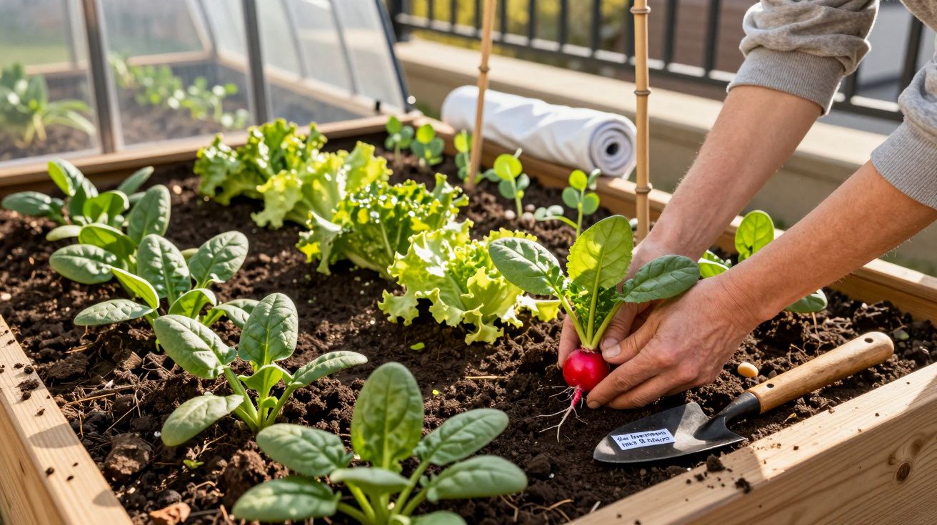 Pessoa a colher rabanete numa horta urbana com alface e espinafres em caixa de madeira.