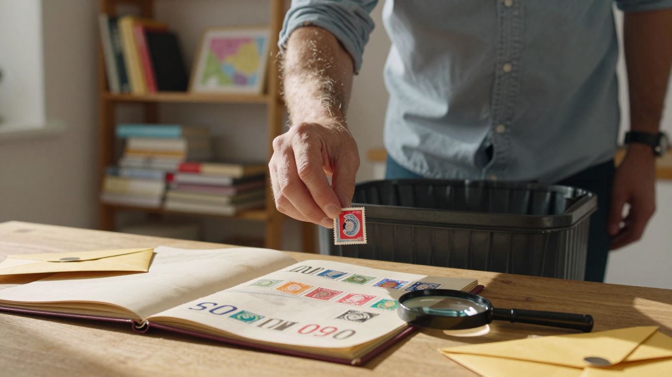 Pessoa a inserir selo num álbum de selos aberto numa mesa com lupa e envelopes numa sala.