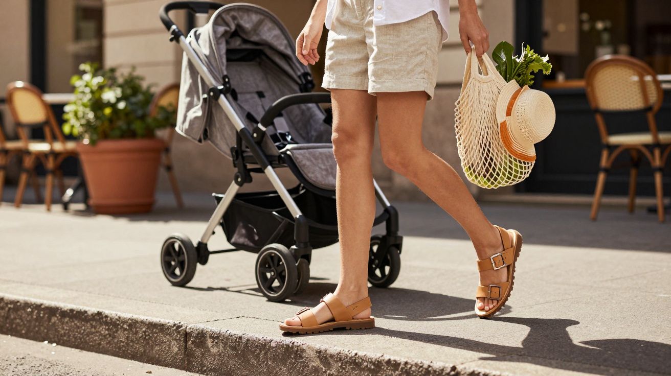 Pessoa a caminhar na rua empurrando um carrinho de bebé e a segurar uma rede com chapéu e plantas.