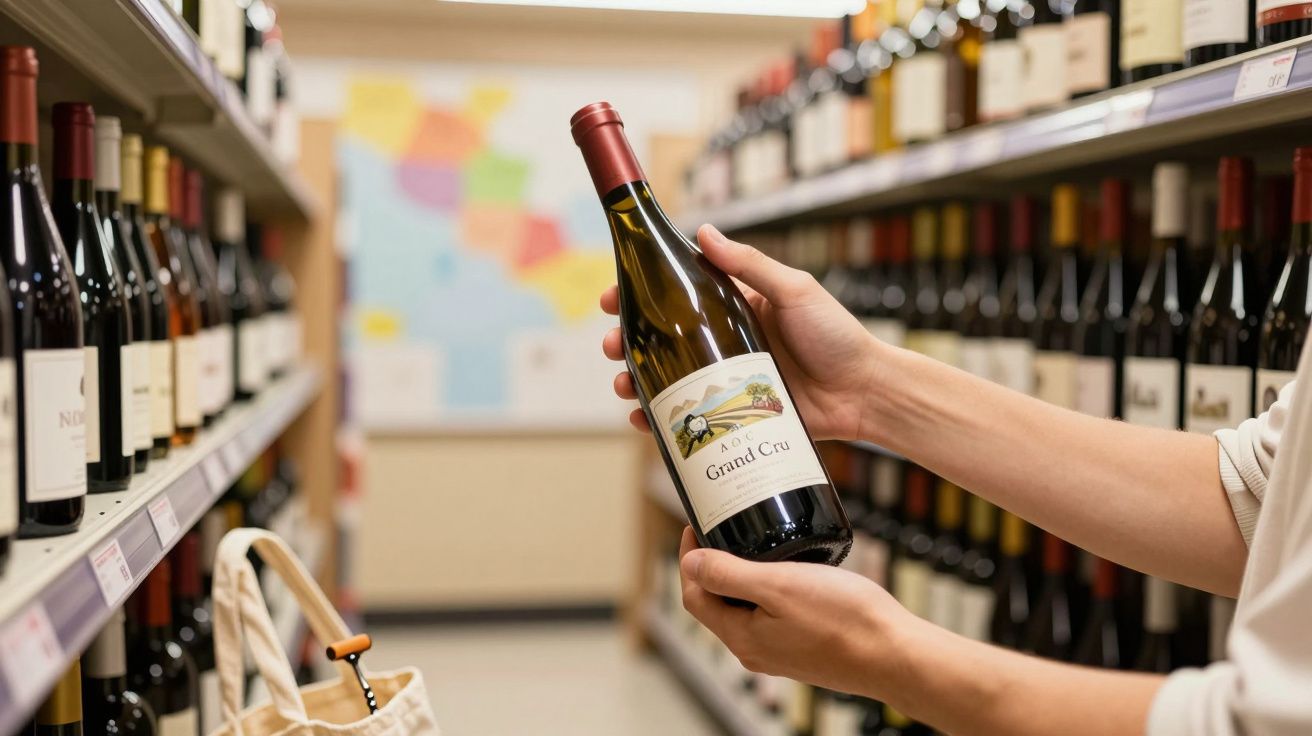 Pessoas a segurar garrafa de vinho tinto numa adega ou supermercado, rodeada por outras garrafas.