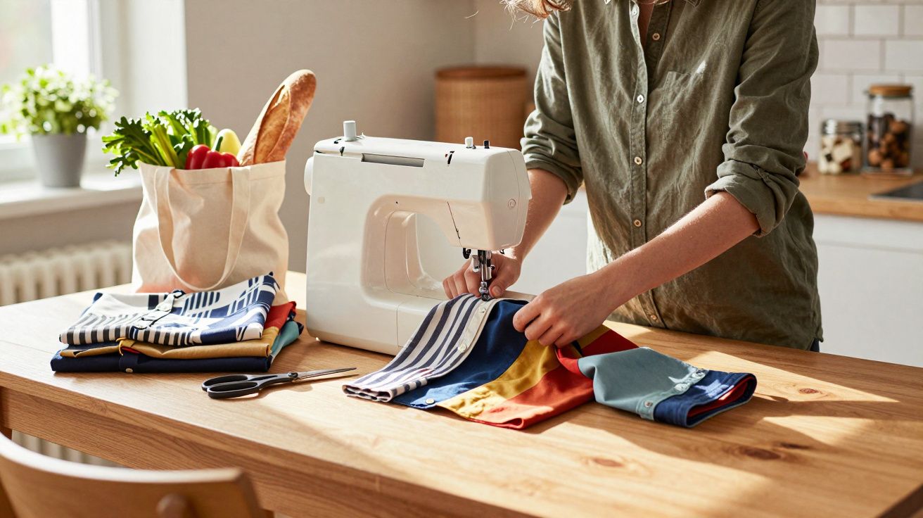 Pessoa a costurar tecido colorido numa máquina de costura numa cozinha com luz natural.