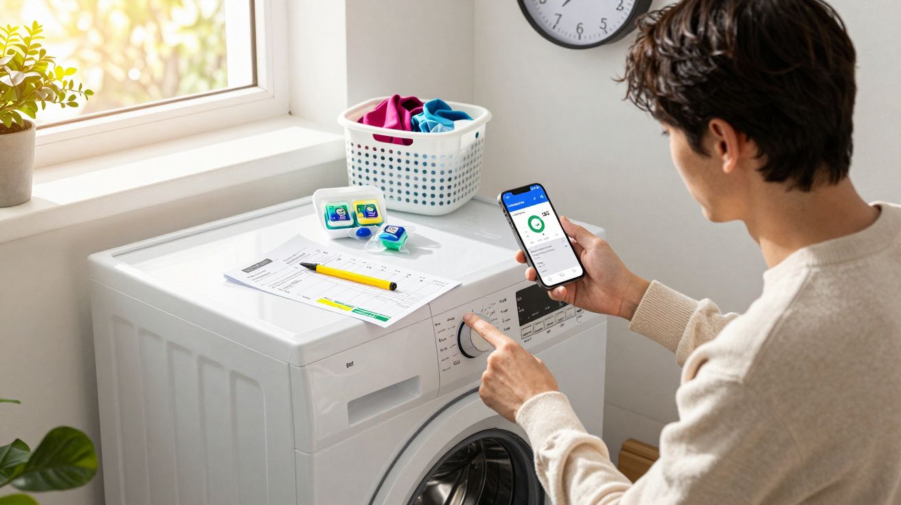 Pessoa a programar máquina de lavar roupa enquanto consulta aplicação no telemóvel num espaço luminoso.