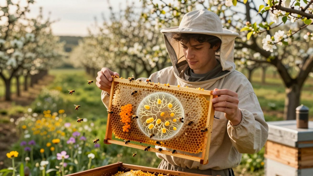 Apicultor jovem a inspecionar quadro de colmeia com abelhas num pomar florido na primavera.