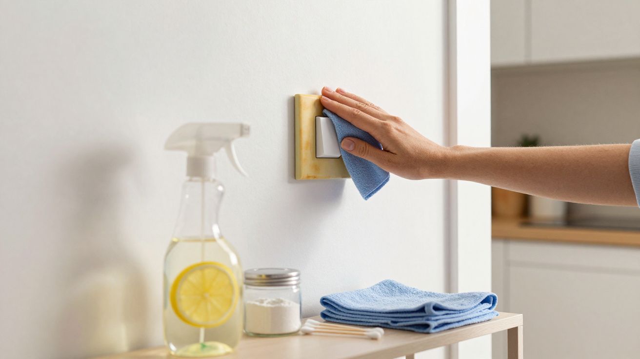 Mão a limpar um interruptor de luz com um pano azul, spray de limpeza com limão e utensílios numa superfície.