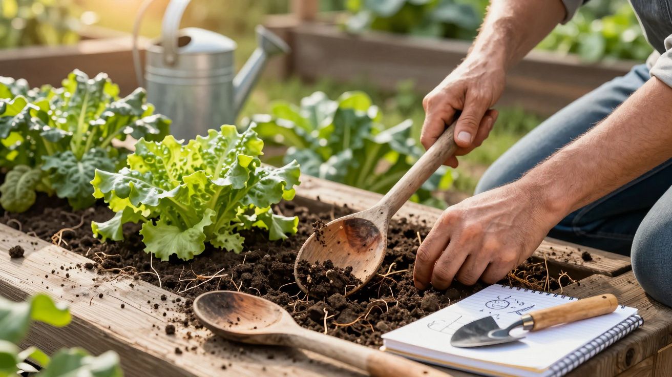 Pessoa a cultivar legumes numa horta elevada com utensílios e caderno de notas ao lado.