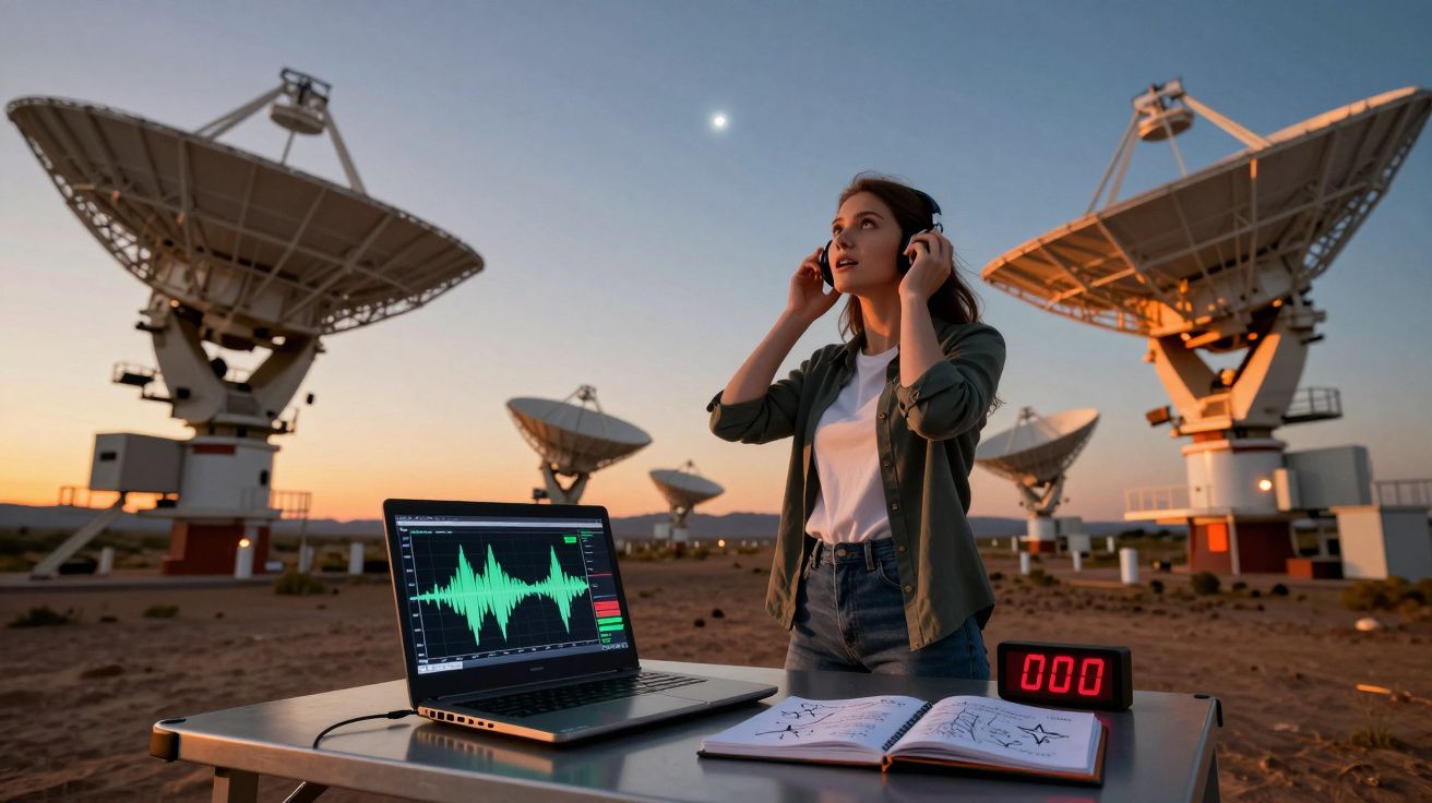 Mulher com auscultadores perto de antenas parabólicas ao pôr do sol com laptop e caderno numa mesa.