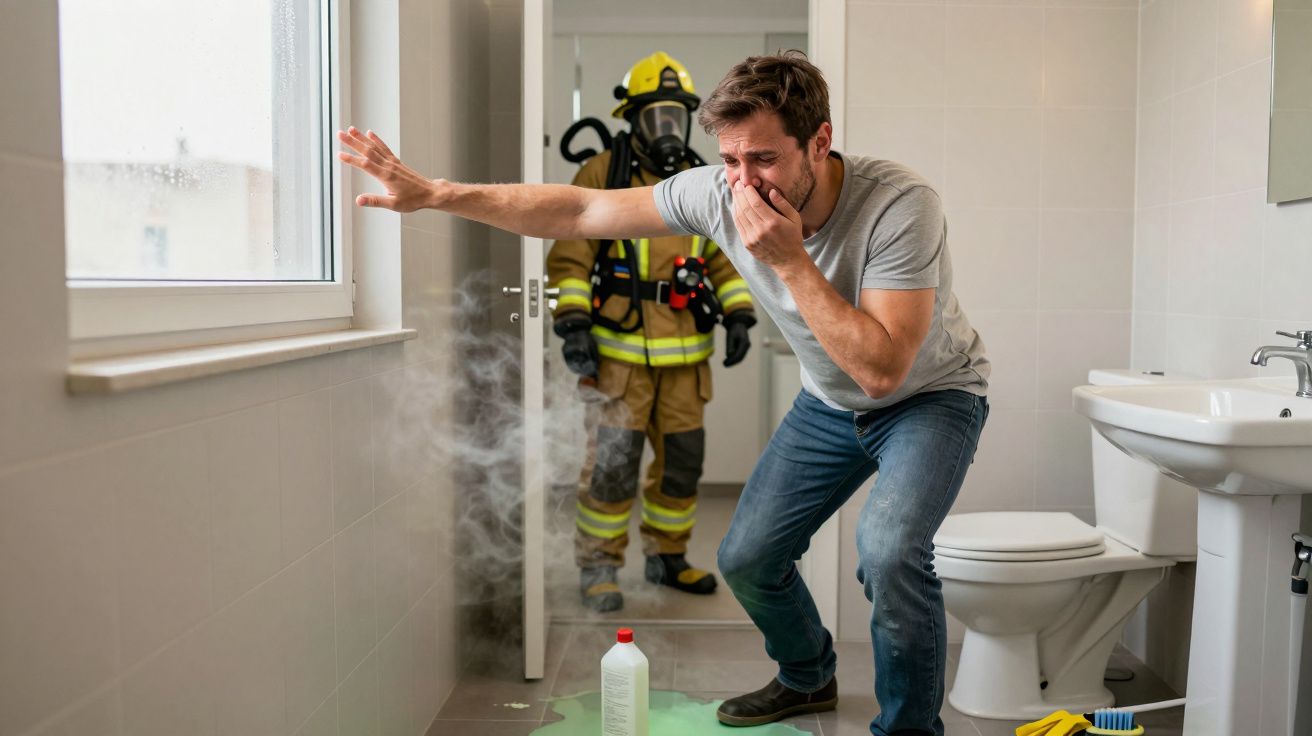 Homem tapa o nariz devido a gás tóxico no chão da casa de banho, bombeiro equipado no fundo aberto da porta.