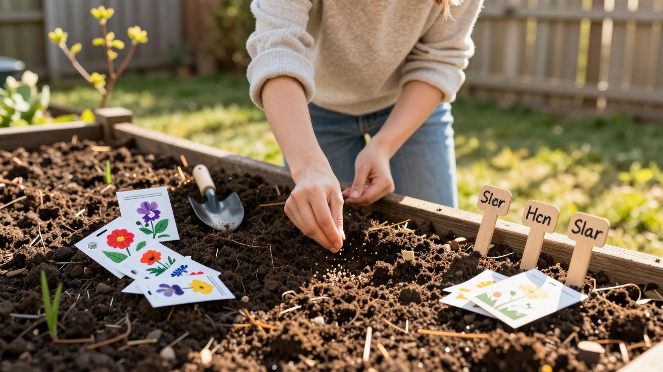 Pessoa a semear sementes no canteiro com etiquetas e cartões de sementes coloridas ao lado.