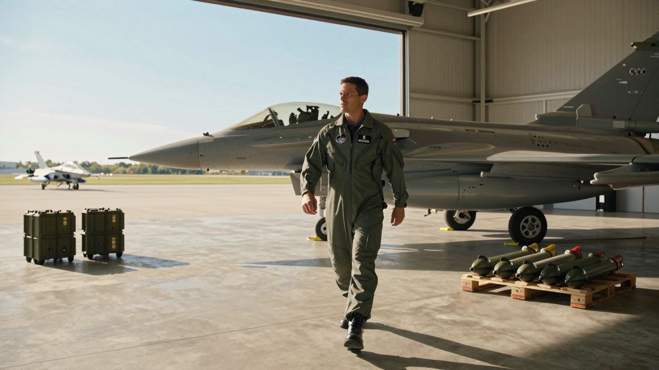 Piloto militar a caminhar numa hangar com caça e munições ao lado.