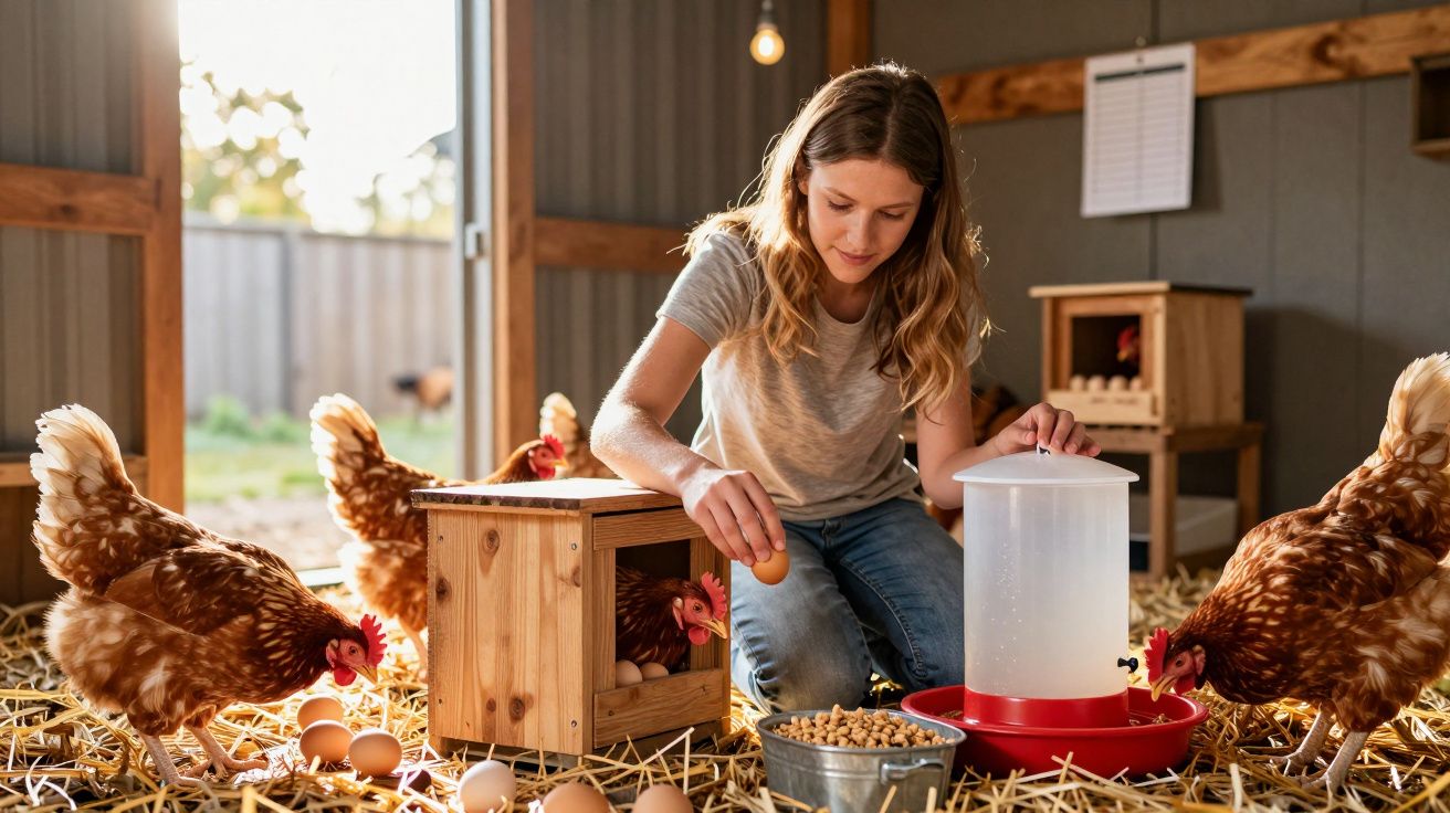 Menina a recolher ovos de galinhas dentro de um galinheiro com palha e comedouro.