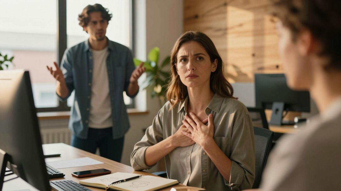 Mulher sentada no escritório com expressão preocupada, mãos no peito, enquanto homem discute ao fundo.